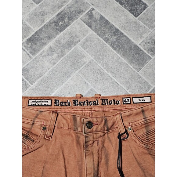 New Rock Revival Men's Distressed Denim Biker Moto Jeans "Ivan" Orange 42x32 - Picture 10 of 13